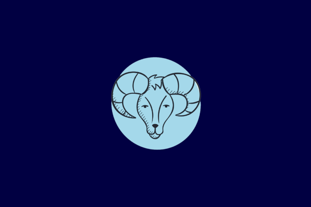 Ilustração no estilo linha preta da cabeça de um carneiro com chifres curvados, centralizada em um círculo azul-claro sobre fundo azul-escuro.