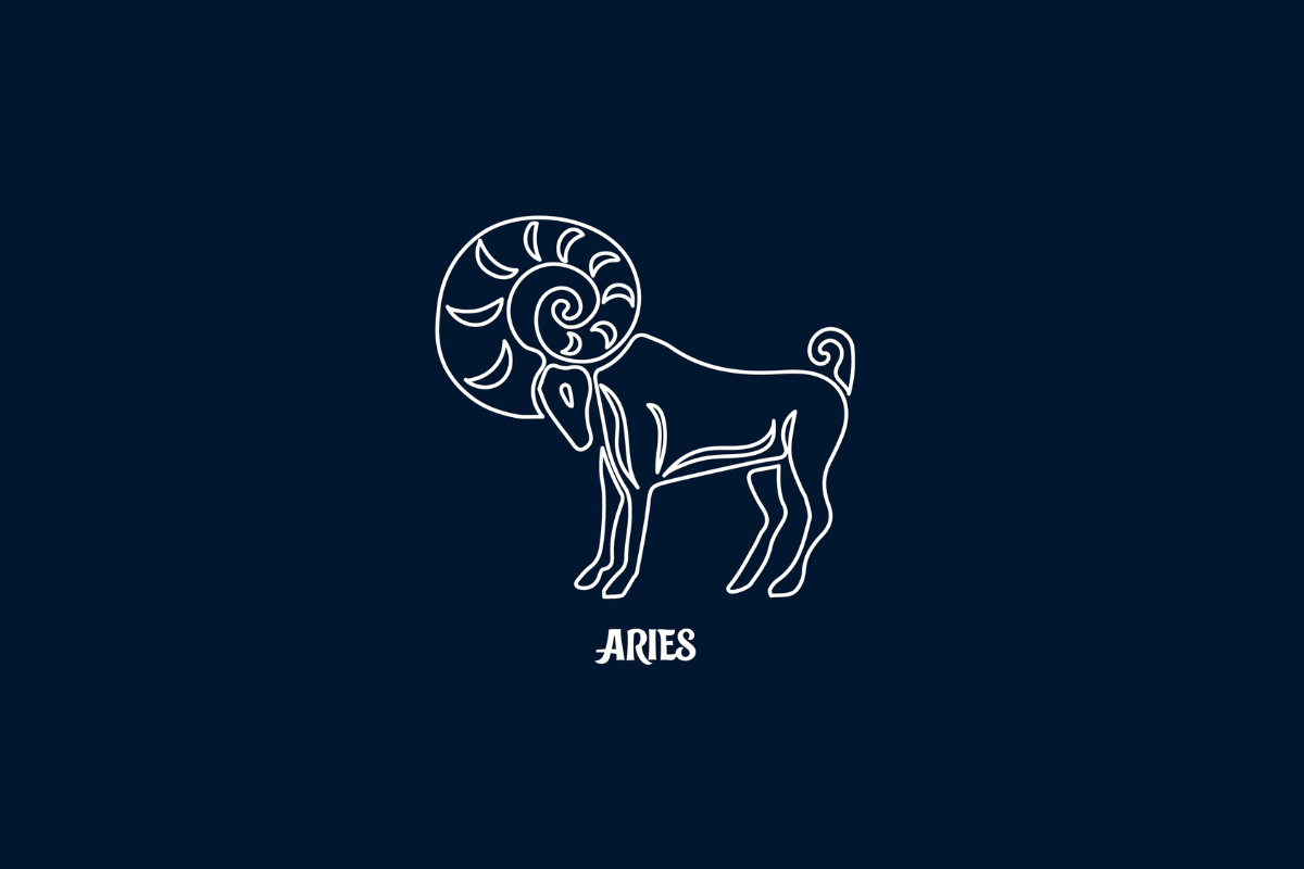 Uma ilustração branca de linha única do signo de Áries em um fundo azul escuro, com o texto "ARIES" abaixo.