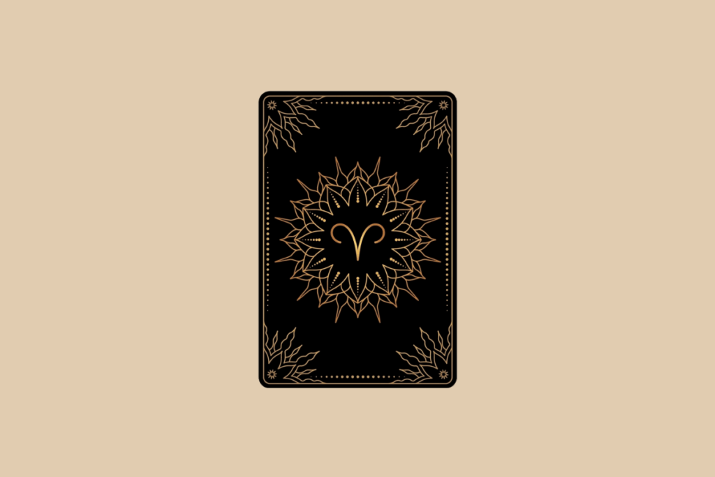 Ilustração de uma carta de tarô preta em fundo bege, com detalhes dourados em mandala e o símbolo do signo de Áries no centro.
