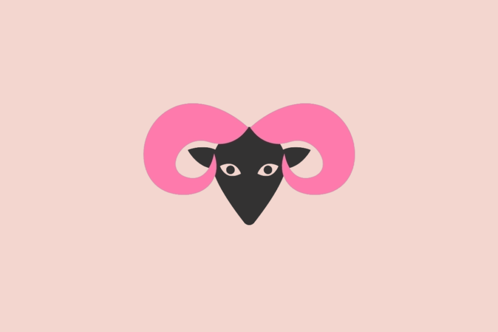 Ilustração estilizada da cabeça de um carneiro preto com chifres grandes, rosa-choque e curvos, sobre um fundo rosa-claro.