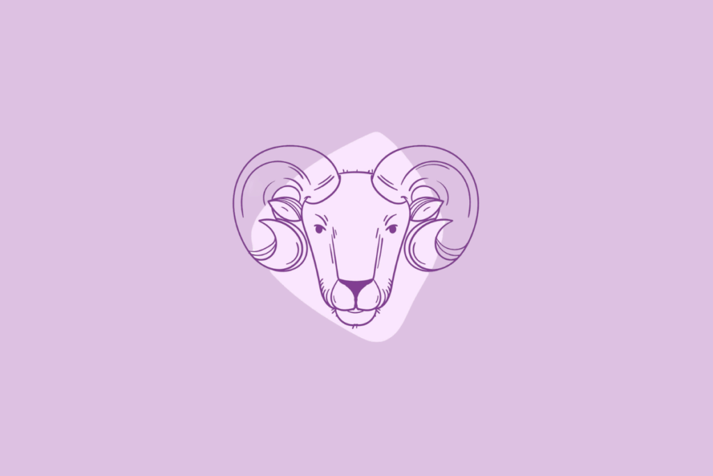 Uma ilustração em linha roxa da cabeça de um carneiro, representando o signo de Áries, com chifres grandes e curvos.