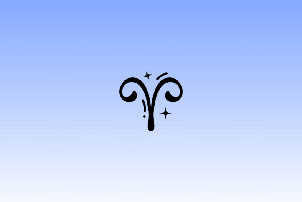 Ícone preto do símbolo do signo de Áries, representando chifres curvos, centralizado em um fundo com gradiente azul e cercado por pequenas estrelas.