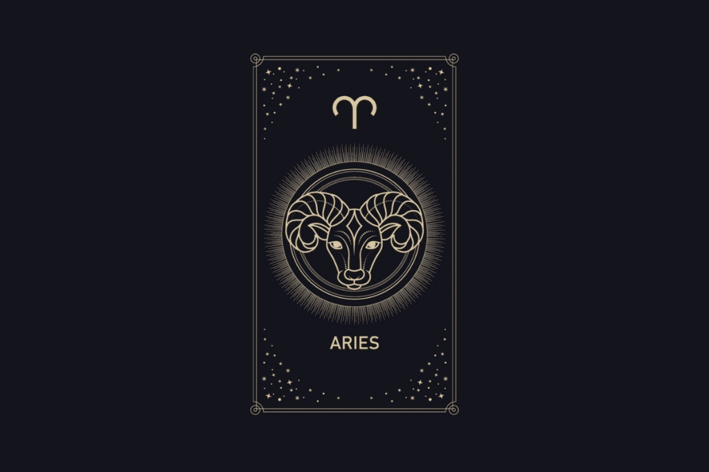 Ilustração em linhas douradas em fundo escuro com a palavra "Aries". No centro, a cabeça de um carneiro com chifres curvados dentro de um círculo iluminado, com o símbolo de Áries no topo e estrelas ao redor.
