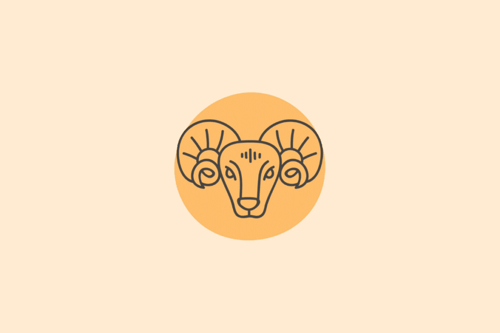 Ilustração minimalista em traços pretos sobre um círculo amarelo-alaranjado, exibindo a cabeça de um carneiro de frente com chifres curvados, representando o signo de Áries.
