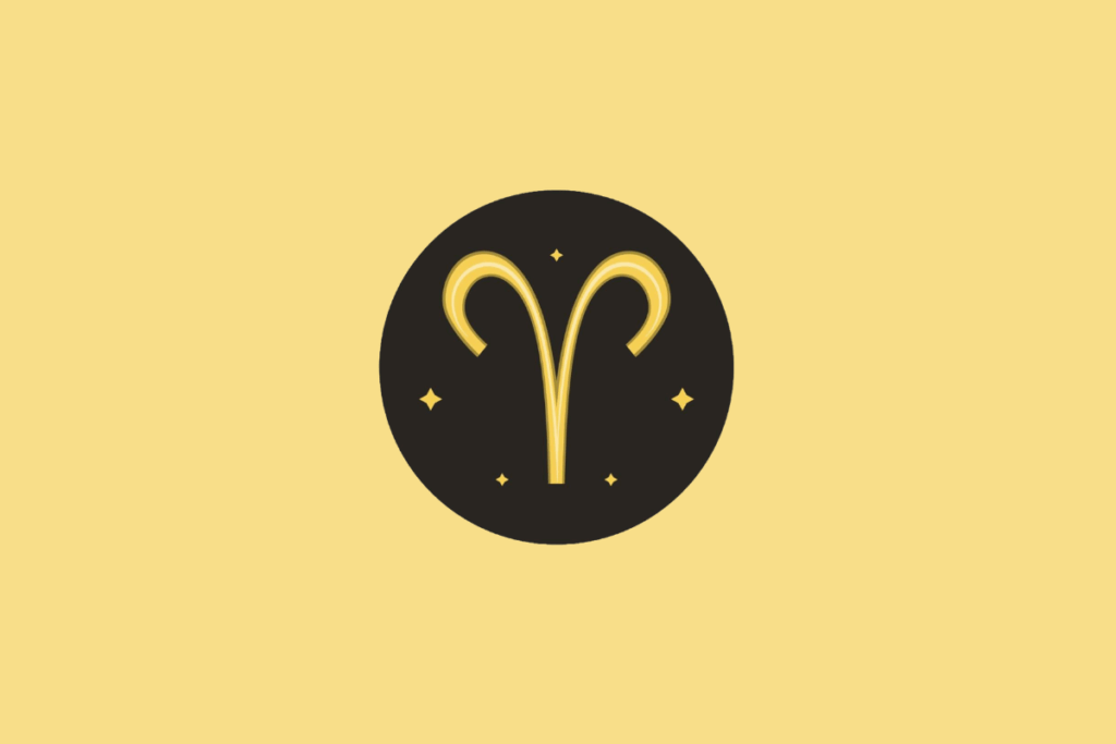 Símbolo do signo de Áries em um círculo preto sobre fundo amarelo.