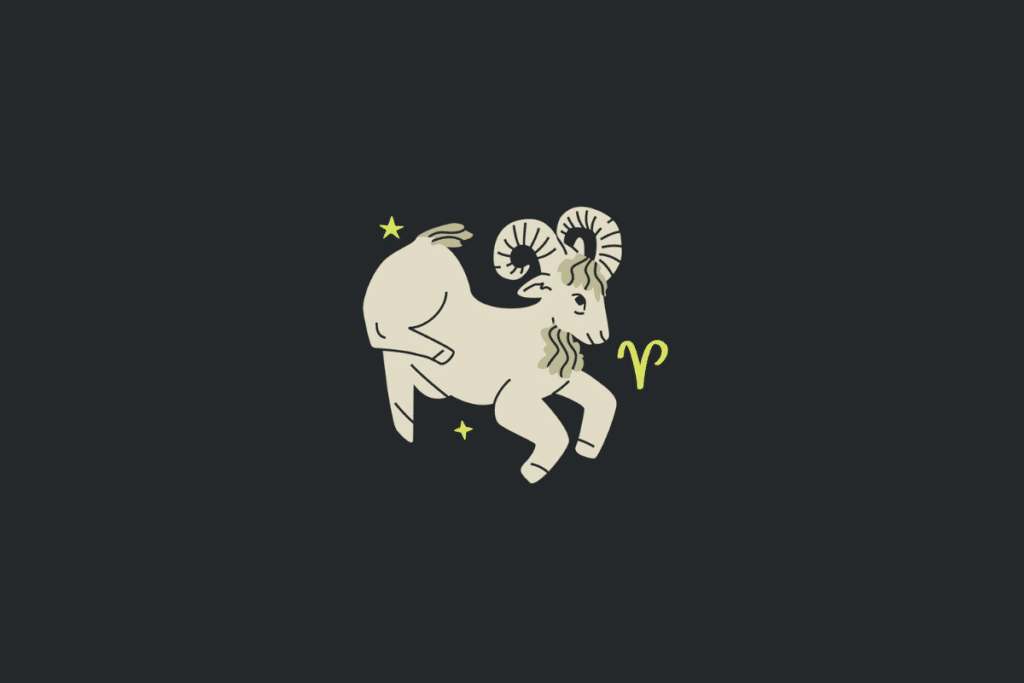 Ilustração minimalista em tom bege sobre fundo cinza-escuro representando o signo de Áries, com um carneiro saltando, o símbolo em forma de "V" amarelo e pequenas estrelas.