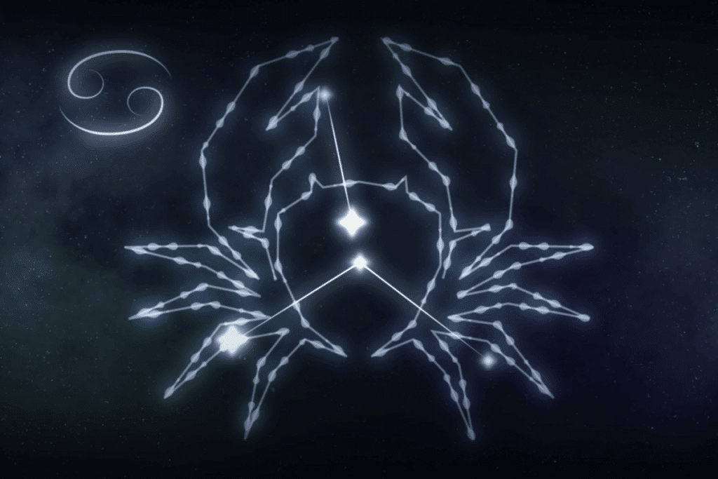 Uma ilustração brilhante do signo do zodíaco de Câncer contra um céu noturno estrelado. No centro da imagem, linhas azul-claras e estrelas formam a constelação de um caranguejo. No canto superior esquerdo, um glifo de Câncer branco brilhante está posicionado. A imagem usa tons profundos de azul e roxo com pontos brilhantes para representar estrelas e poeira espacial.