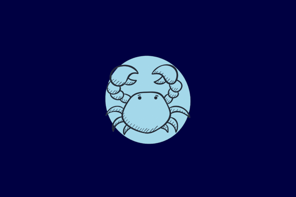 Ilustração no estilo linha preta de um caranguejo visto de cima com as garras levantadas, centralizada em um círculo azul-claro sobre fundo azul-escuro.