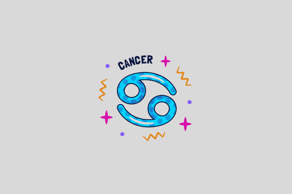 Símbolo astrológico de Câncer, na cor azul com bolinhas, cercado por pequenas estrelas rosa e ondas amarelas. A palavra "CANCER" está escrita acima em preto. O fundo da imagem é um cinza claro.
