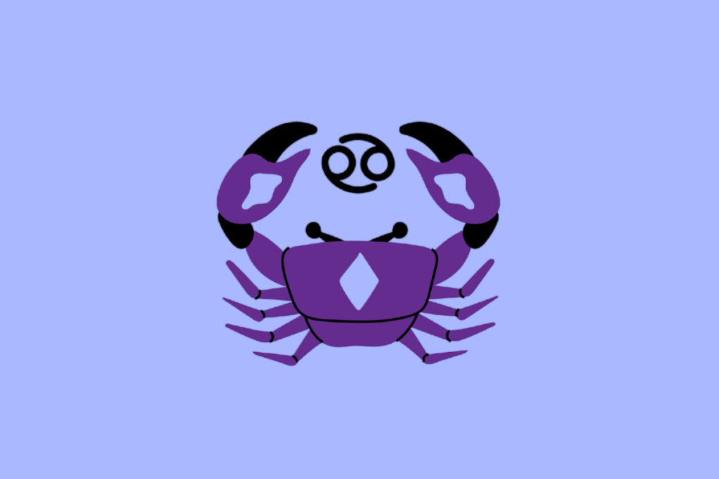 Ilustração roxa e preta de um caranguejo representando o signo de Câncer, com o símbolo astrológico logo acima, sobre fundo lilás.