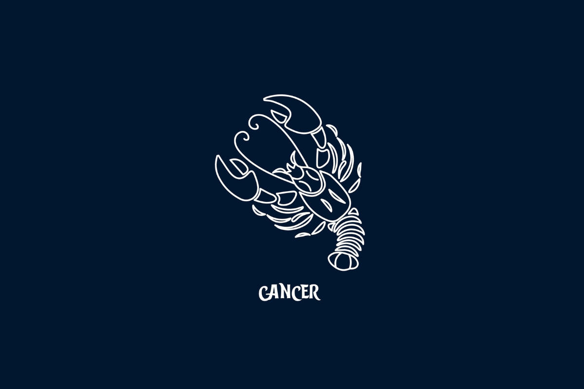 Uma ilustração branca de linha única do signo de Câncer em um fundo azul escuro, com o texto "CANCER" abaixo.