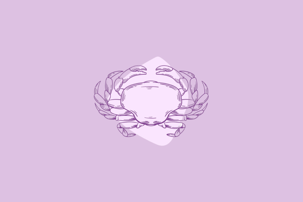 Uma ilustração em linha roxa de um caranguejo, representando o signo de Câncer.