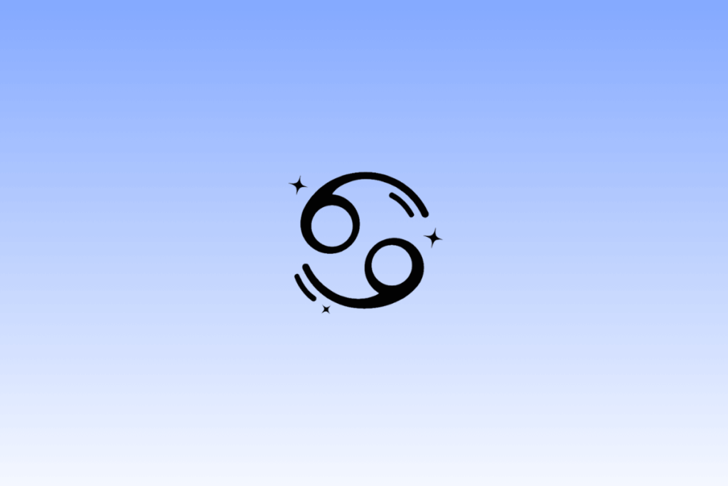 Ícone preto do símbolo do signo de Câncer, representando garras em formato de número 69 na horizontal, centralizado em um fundo com gradiente azul e cercado por pequenas estrelas.