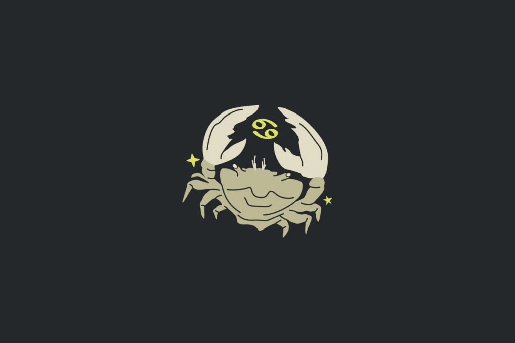 Ilustração minimalista em tom bege sobre fundo cinza-escuro representando o signo de Câncer, com um caranguejo de garras abertas, o símbolo do número "69" inclinado em amarelo e pequenas estrelas.