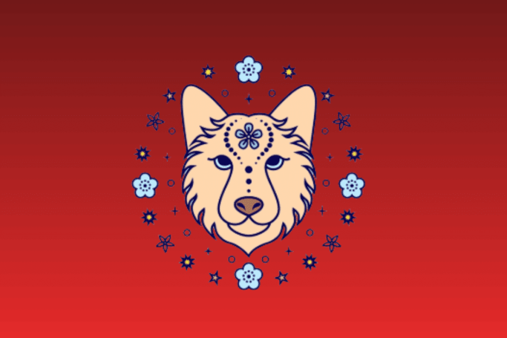 Ilustração estilizada da cabeça de um cão bege com pelagem decorada e flor na testa, cercado por flores e estrelas sobre fundo vermelho gradiente.