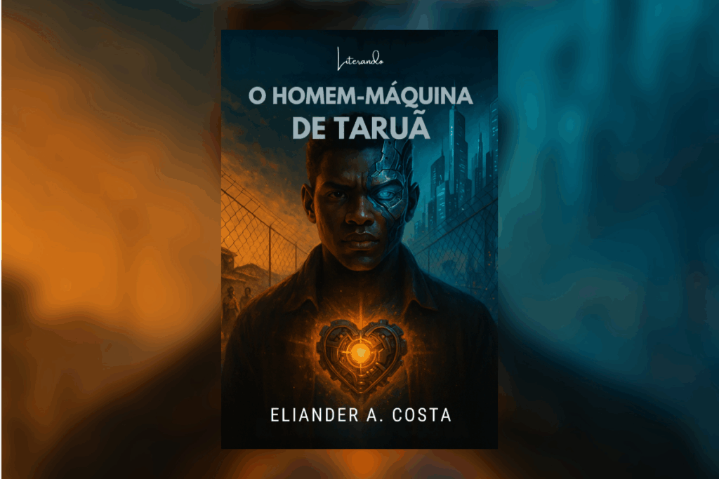 Capa de livro azul-escura com nome do autor e título em azul e branco e ilustração de um homem com cabelo curto e metade do rosto de um robô e um coração brilhando