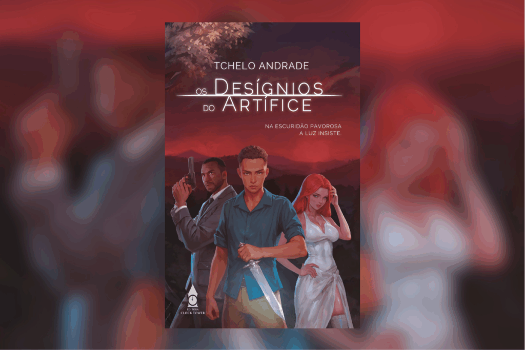 Capa de livro com título e nome do autor em branco, com paisagem em tons de vermelho ao fundo e ilustração de dois homens e uma mulher, um deles está usando terno cinza e camisa branca com arma na mão, o outro está usando camisa azul e calça bege com uma faca na mão e ao lado uma mulher com cabelo vermelho e vestido branco