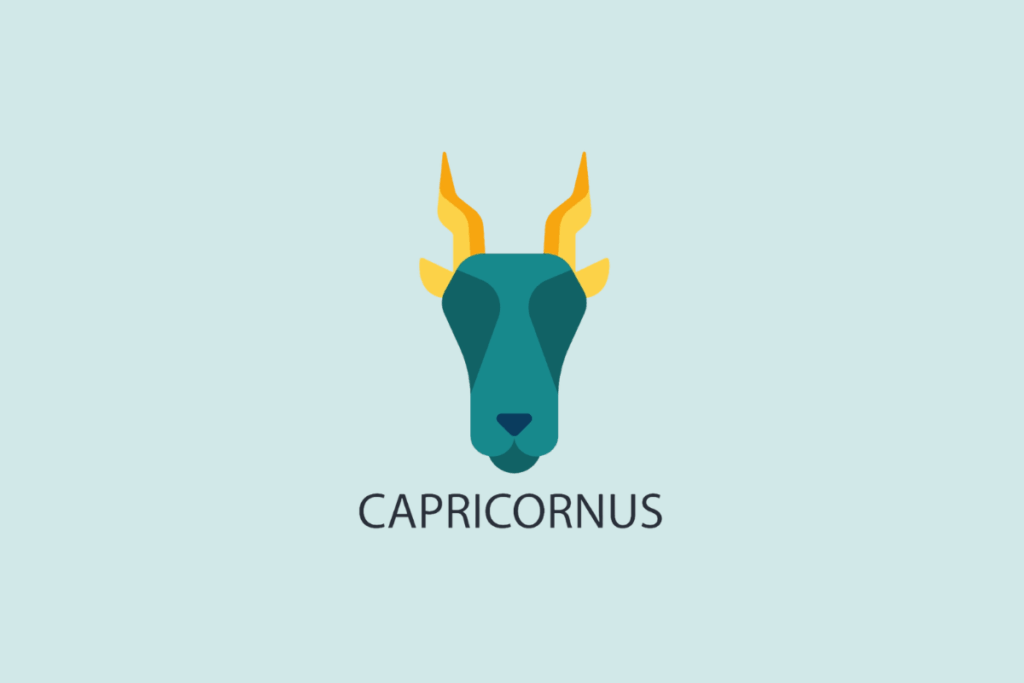 Ilustração vetorial em estilo plano da cabeça de um bode com chifres amarelos e pontiagudos, sobre um fundo azul-claro com a palavra "CAPRICORNUS" escrita abaixo.