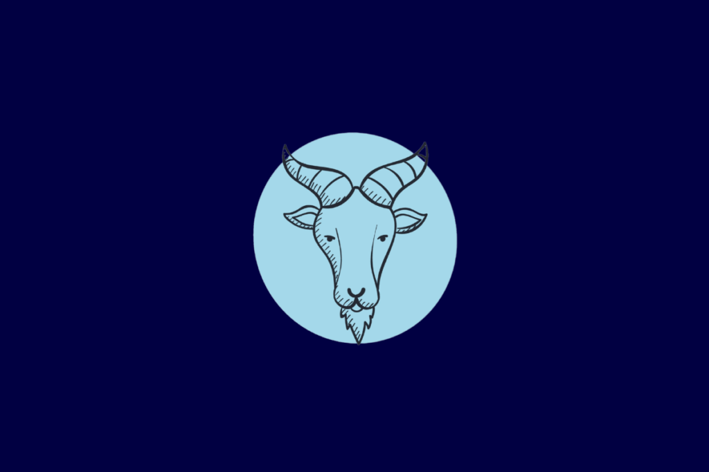 Ilustração no estilo linha preta da cabeça de um bode com chifres e barba, centralizada em um círculo azul-claro sobre fundo azul-escuro.