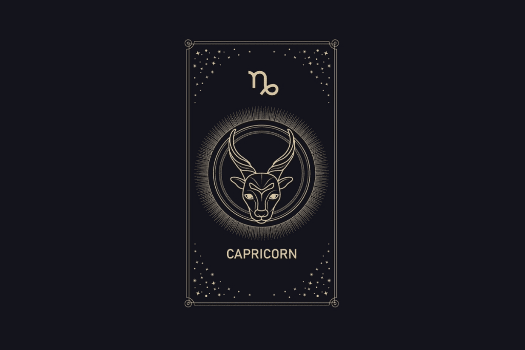 Ilustração em linhas douradas em fundo escuro com a palavra "Capricorn". No centro, a cabeça de uma cabra com chifres longos dentro de um círculo iluminado, com o símbolo de Capricórnio no topo e estrelas ao redor.