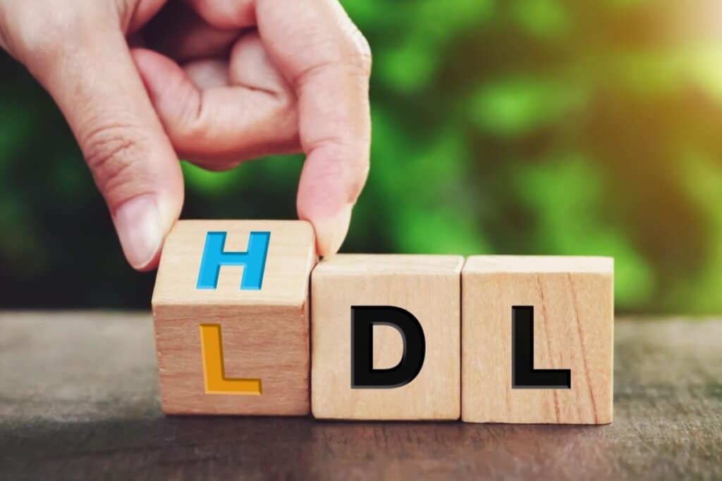 Mão mexendo em blocos de madeira com as letras LDL e HDL