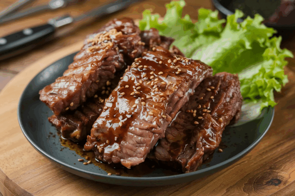 Tiras de costela bovina grelhadas ao estilo coreano (LA Galbi), vidradas com molho escuro brilhante e polvilhadas com sementes de gergelim. A carne está servida sobre folhas frescas de alface em um prato escuro, apoiado em uma tábua de madeira.