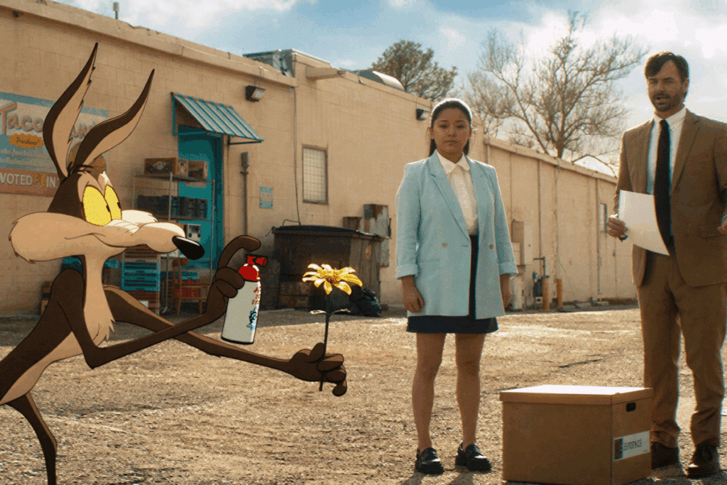 Cena do filme "Coyote Vs. Acme", com a animação do Coyote em pé na rua com um homem e uma mulher