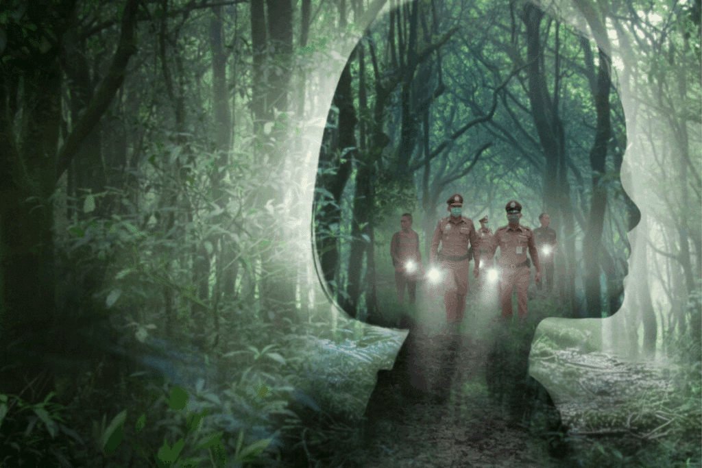 Uma imagem em estilo de exposição dupla mostra uma silhueta do perfil de uma pessoa preenchida com uma floresta densa e enevoada. Dentro da silhueta, um grupo de pessoas, parecendo investigadores ou policiais, caminha pela floresta com lanternas.