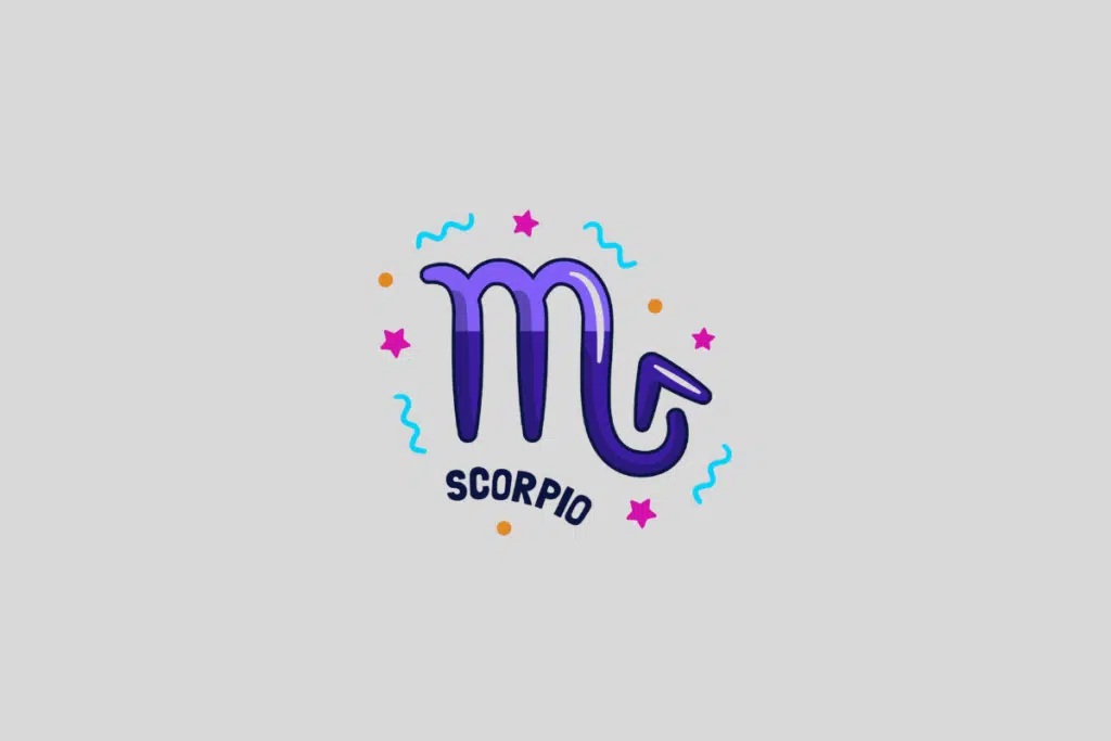 Símbolo astrológico de Escorpião, em roxo com um gradiente mais escuro, rodeado por estrelas rosa e ondas ciano. A palavra "SCORPIO" está escrita abaixo em preto. O fundo da imagem é um cinza claro.