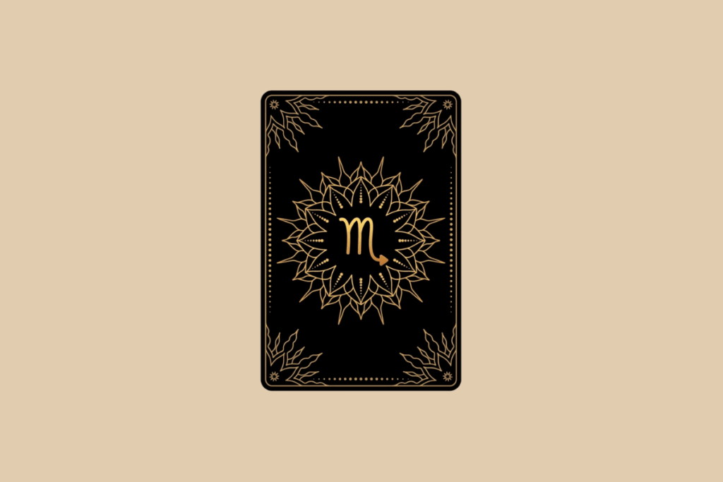Ilustração de uma carta de tarô preta em fundo bege, com detalhes dourados em mandala e o símbolo do signo de Escorpião no centro.