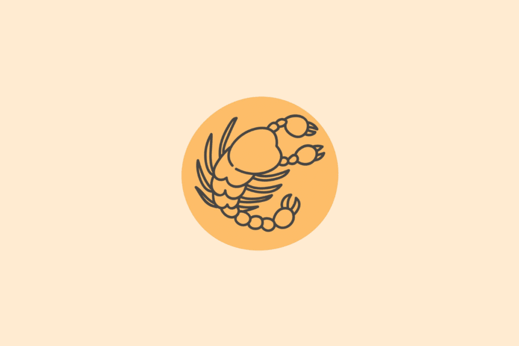 Ilustração minimalista em traços pretos sobre um círculo amarelo-alaranjado, mostrando um escorpião curvado com garras e cauda, representando o signo de Escorpião.