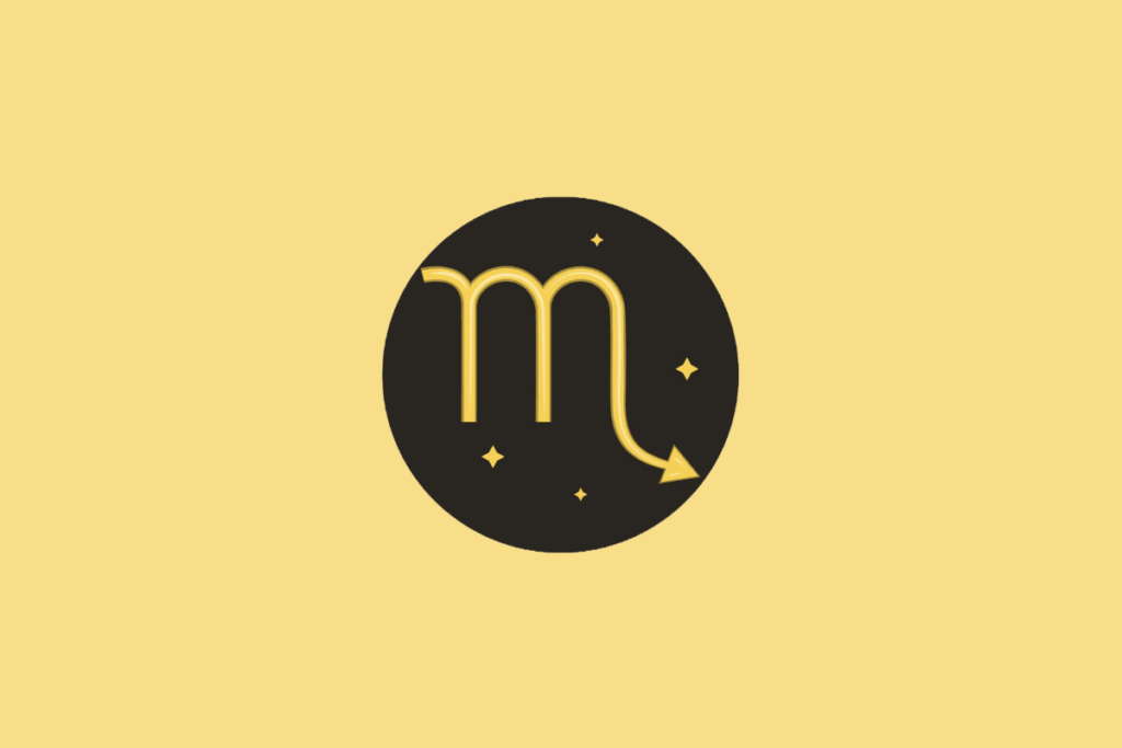 Símbolo do signo de Escorpião em um círculo preto sobre fundo amarelo.
