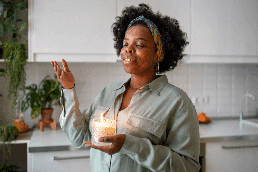 Fotografia de uma mulher negra sorridente, com os olhos fechados em um momento de reflexão ou oração. Ela tem cabelo crespo com uma faixa colorida e veste uma camisa verde clara. Com uma das mãos, segura um copo de vidro trabalhado com uma vela acesa, enquanto eleva a outra mão aberta. Ela está em uma cozinha iluminada, com plantas ao fundo.