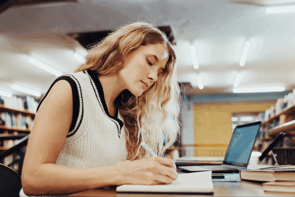 Uma mulher de cabelos loiros e ondulados está sentada em uma biblioteca, concentrada enquanto escreve em um caderno. Ela veste um colete de tricot claro com bordas pretas, com um notebook aberto e livros sobre a mesa ao fundo.