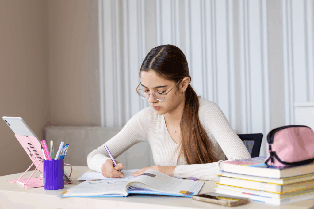 Uma jovem de óculos e cabelo preso estuda sentada à mesa. Ela segura uma caneta e escreve em uma folha de papel, com um livro aberto à sua frente. Sobre a mesa, há um tablet apoiado em um suporte rosa, um porta-canetas roxo, uma pilha de livros de estudo, um estojo rosa e um celular.