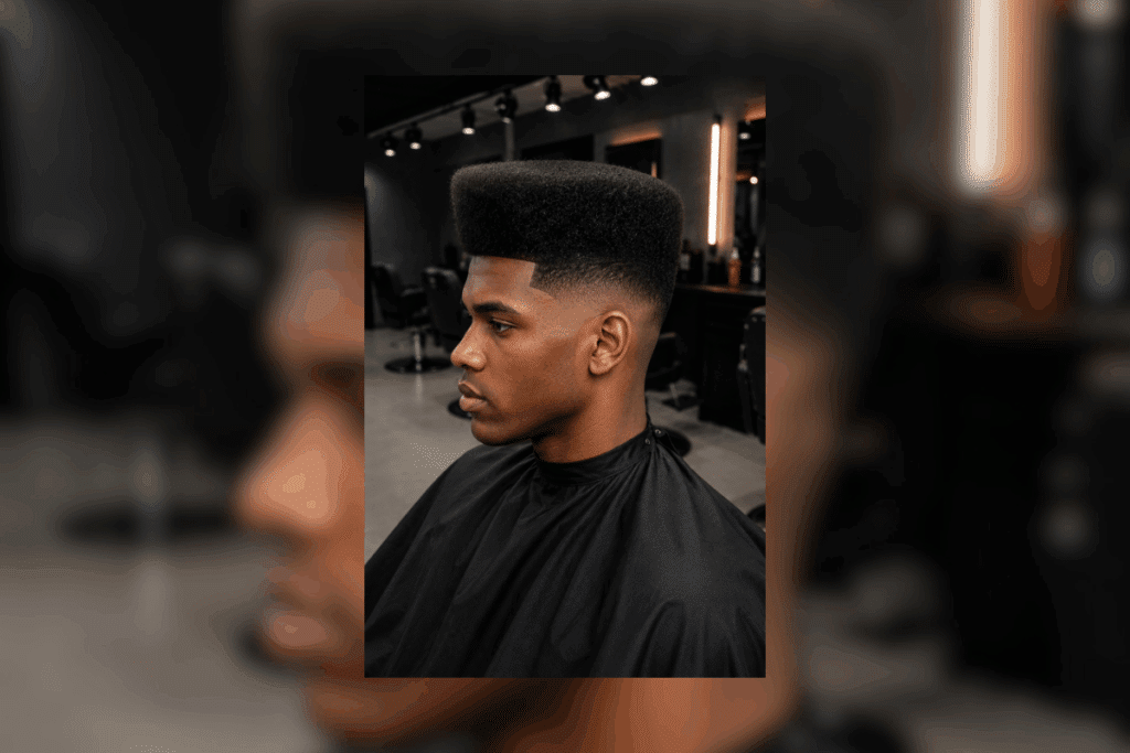 Homem com cabelo afro grande e degradê nas laterais, no estilo Flat Top, sentado em uma barbearia 