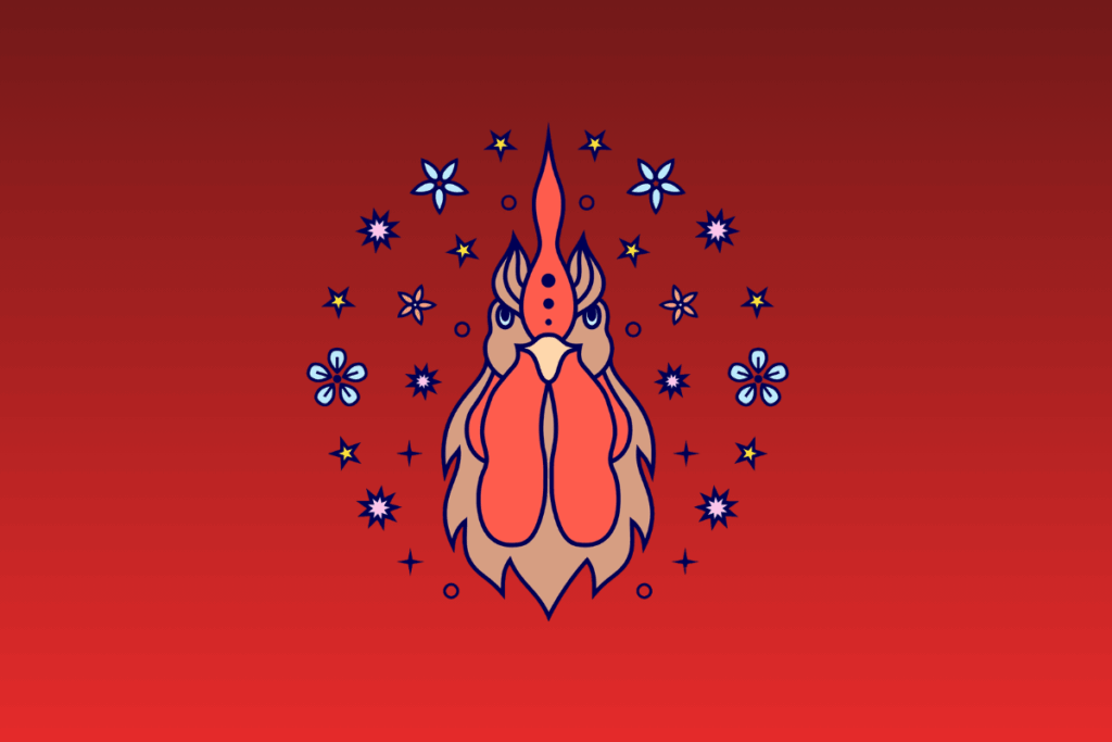 Ilustração estilizada da cabeça de um galo visto de frente, com crista e papo vermelhos, cercado por flores e estrelas sobre fundo vermelho gradiente.