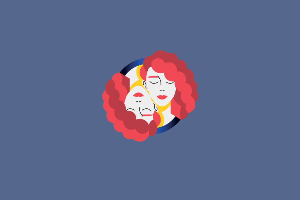 Ilustração do signo de Gêmeos, exibindo dois rostos sobrepostos com cabelos vermelhos e ondulados, sobre um fundo circular escuro.