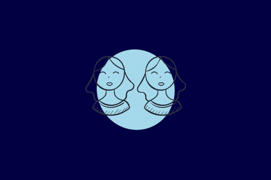 Ilustração no estilo linha preta do busto de duas pessoas idênticas lado a lado, centralizada em um círculo azul-claro sobre fundo azul-escuro.