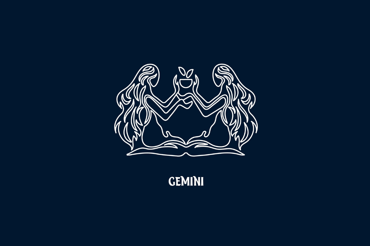 Uma ilustração branca de linha única do signo de Gêmeos em um fundo azul escuro, com o texto "GEMINI" abaixo.