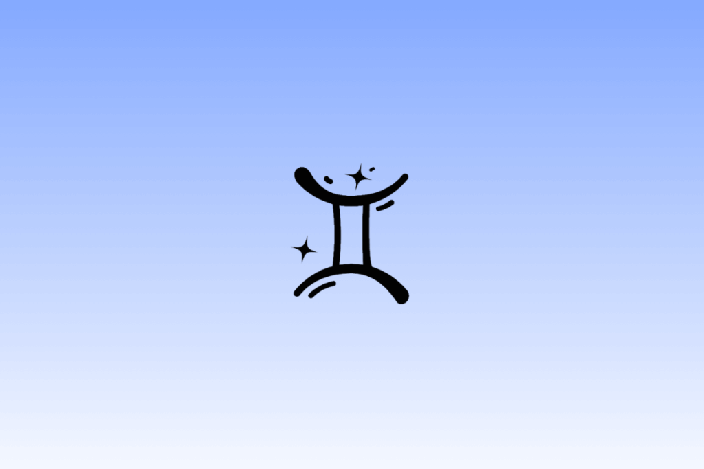Ícone preto do símbolo do signo de Gêmeos, formado por duas linhas verticais unidas por curvas no topo e na base, centralizado em um fundo com gradiente azul e cercado por pequenas estrelas.