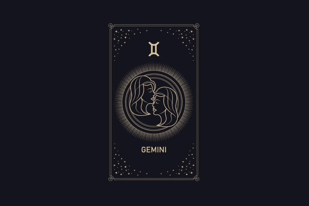 Ilustração em linhas douradas em fundo escuro com a palavra "Gemini". No centro, os perfis de duas pessoas sobrepostas dentro de um círculo iluminado, com o símbolo de Gêmeos no topo e estrelas ao redor.