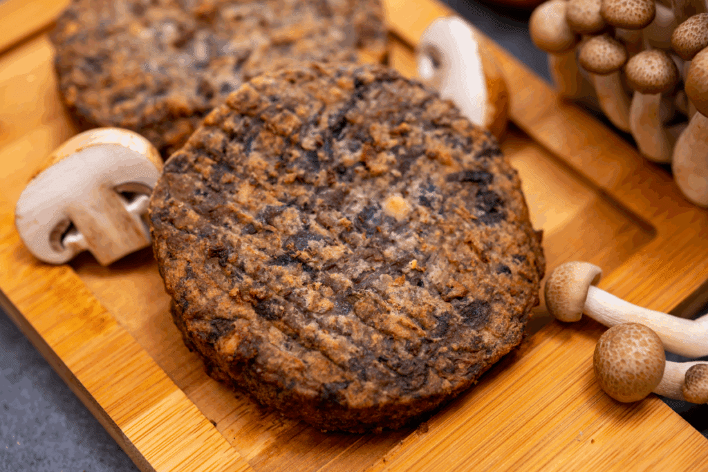 Hambúrguer de cogumelo com cenoura em tábua de madeira. Ao lado, vários tipos de cogumelos