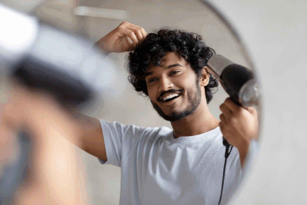 Um jovem sorridente de cabelos cacheados e camiseta branca seca o cabelo com um secador em frente ao espelho.