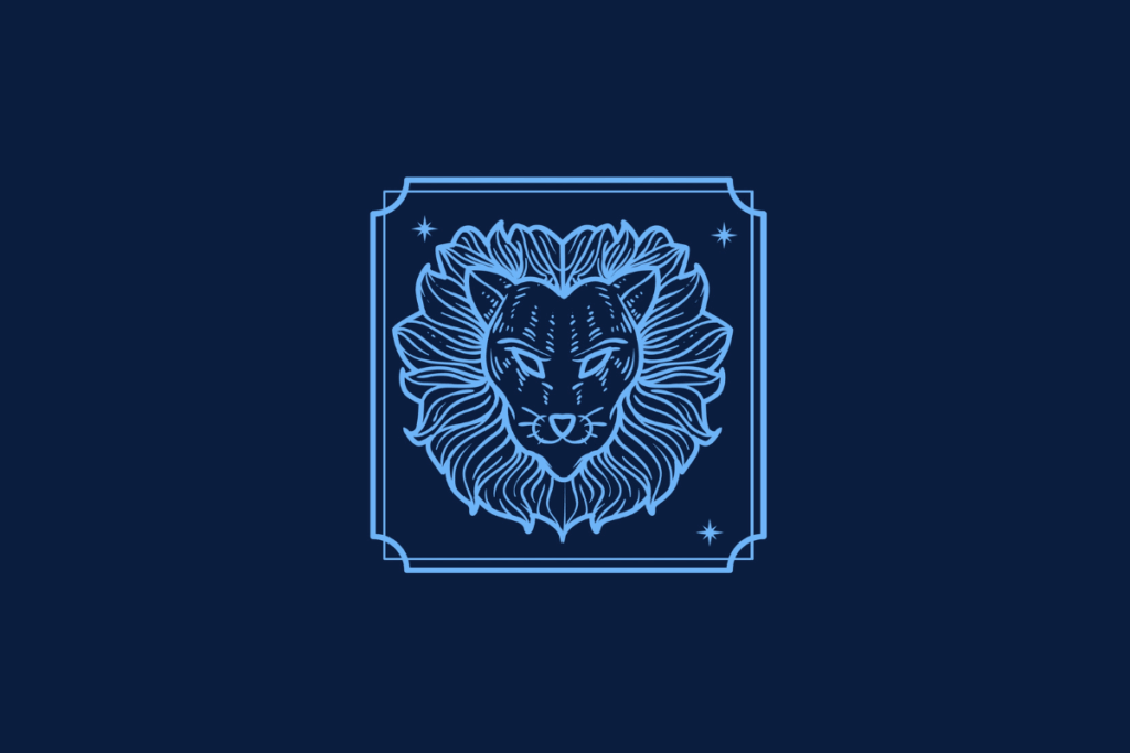 Ilustração em linhas azuis em fundo azul-escuro retratando a cabeça de um leão com juba volumosa, centralizada em uma moldura quadrada rodeada por estrelas.