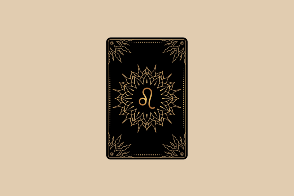 Ilustração de uma carta de tarô preta em fundo bege, com detalhes dourados em mandala e o símbolo do signo de Leão no centro.