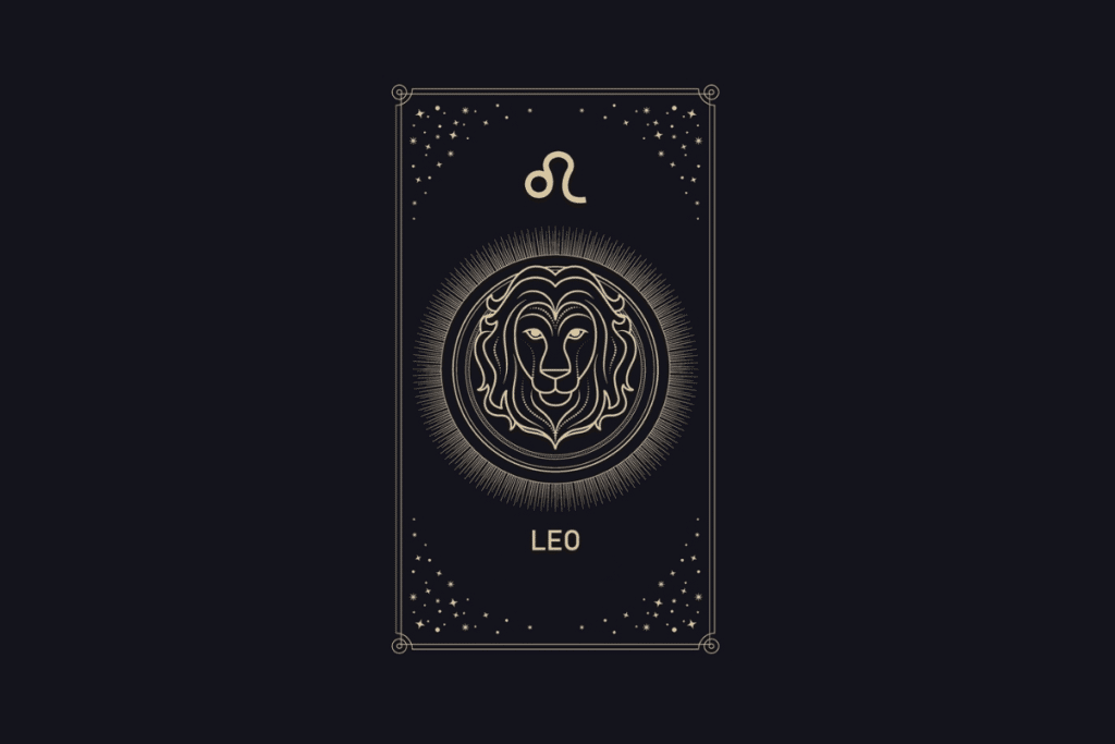 Ilustração em linhas douradas em fundo escuro com a palavra "Leo". No centro, a cabeça de um leão de frente dentro de um círculo iluminado, com o símbolo de Leão no topo e estrelas ao redor.