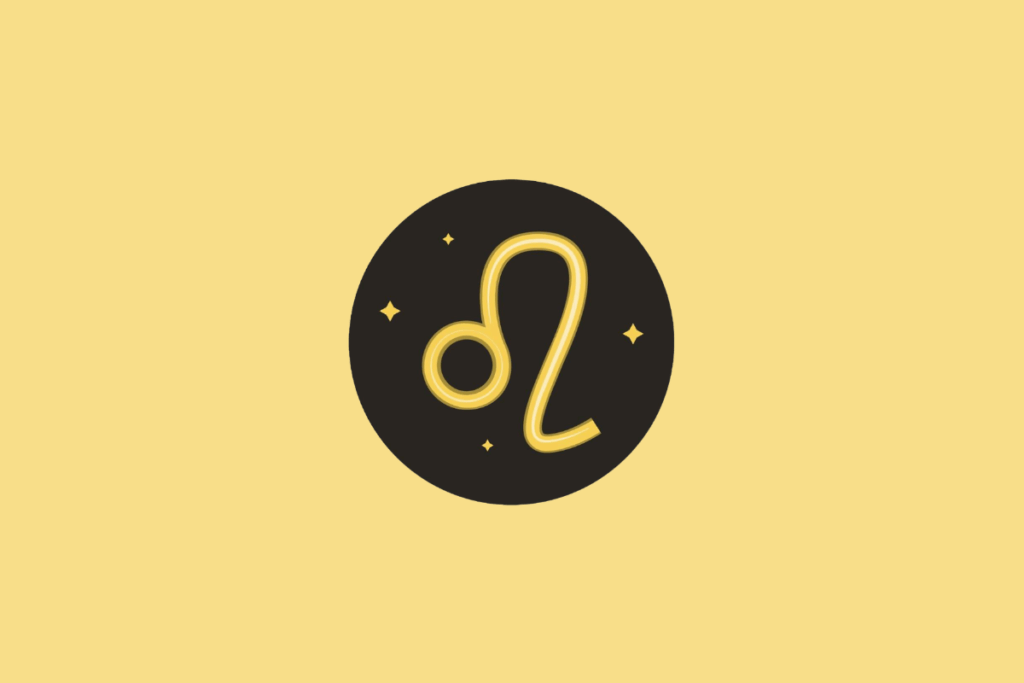 Símbolo do signo de Leão em um círculo preto sobre fundo amarelo.