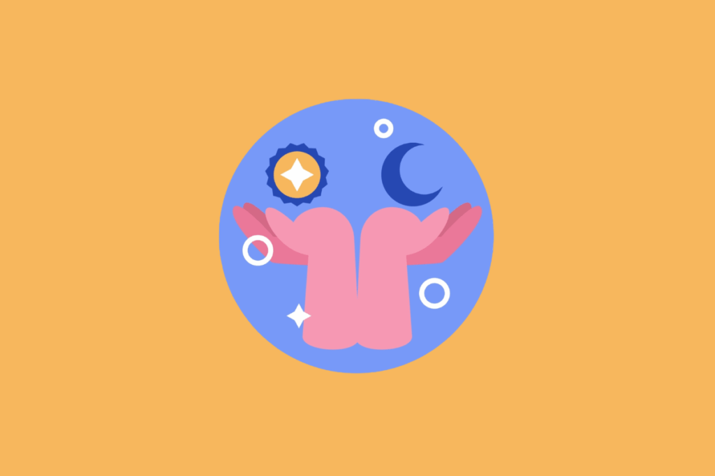 Ilustração vetorial em círculo azul representando o signo de Libra. Mostra duas mãos abertas lado a lado espelhadas, segurando simbolicamente um sol de um lado e uma lua crescente do outro. A imagem está centrada em um fundo laranja