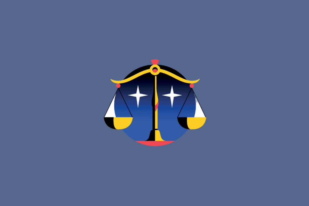 Ilustração do signo de Libra, destacando uma balança dourada em equilíbrio com pratos azuis e amarelos e duas estrelas brancas ao fundo, em uma moldura circular.